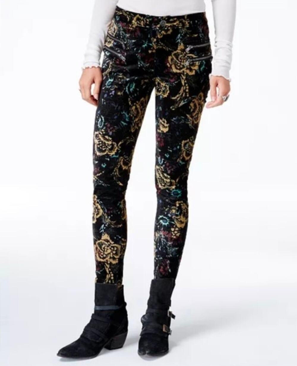 NWT Free People Size 0 Floral Skinny Velvet Velour Pants